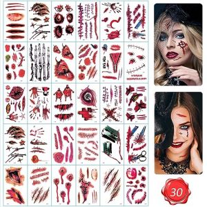 Lot de 30 feuilles de tatouages pour cicatrices d'Halloween - Avec agale artificielle de sang - Tatouage zombie - Maquillage de cicatrices d'Halloween - Autocollant pour le visage - Zombie - Faux (Shubao, neuf)