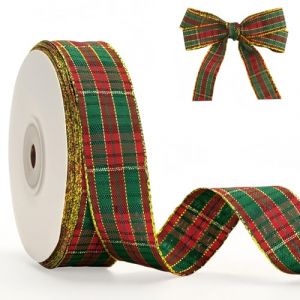 Ruban à carreaux de Noël, 25 mm x 22,9 m, ruban tartan rouge, vert, doré pour emballage cadeau, artisanat, couronne, nœuds (Mimicool, neuf)