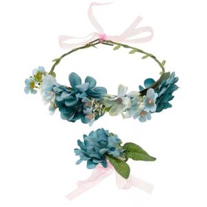 axy Couronne de fleurs - Diad&egrave;me - Pour femme et fille (couronne de fleurs et bracelet de fleurs en lot) - R&eacute;glable - Pour mariage, carnaval, festival, festival - Bleu (axymore-trend, neuf)