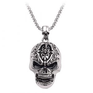 JKJF Collier Pendentif Tête de Mort en Acier inoxydable Chaîne Crâne Gothique Hip Hop Punk Rock Collier pour Homme - Argent (Wirdy, neuf)