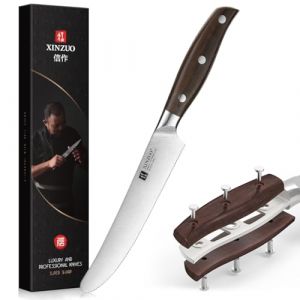 XINZUO 13,8cm Couteau Petit-Déjeuner Acier Inoxydable 1.4116 Allemand, Couteau à Beurre à Lame Crantée et Large -pour Beurre, Fromage, Fruits, Pain, Steak -Poignée en Red Sandalwood Full Tang (XIN ZUO, neuf)