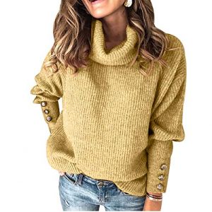 Pull Grosse Maille Col Roul&eacute; Femme Oversize Gros Pull Tricot Femme Pullover Pulls Femmes Chandail Femme Sweater Sweat Shirt Ample Pull Over Tricot&eacute; Grande Taille Femme Pull Tunique Femme Epais Jaune S (Pengniao, neuf)