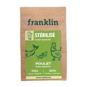 Franklin Carnivore – Croquettes Chat Stérilisé – 1kg – sans Céréales – 70% de Viande et de Poisson – Contrôle du Poids – Taille 9mm– Poulet, Thon, Saumon (Franklin Pet Food, neuf)