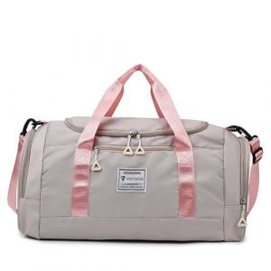 Vllcsla Sac de Sport Fitness Femme 28 L, avec Compartiment Chaussures & Poche Humide, Sacs de Voyage Week-End R&eacute;sistant &agrave; Usure, Sac de Nuit Petit Duffle Bag, 53x22x24 cm, Rose Gris (Eco Memos, neuf)