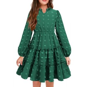 Arshiner Robes &agrave; Manches Longues pour Fille Robe en Mousseline Col en V Robe de F&ecirc;te Robe Trap&egrave;ze &agrave; Plusieurs Niveaux Robe de No&euml;l d'anniversaire D'&eacute;cole Vert 11-12 Ans (Arshiner Store, neuf)