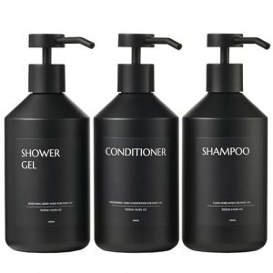 Janxin 3 Pi&egrave;ces Distributeur Savon Cuisine 500ML, Distributeur Savon Plastique, Distributeur Shampoing et Gel Douche, Convient pour la Cuisine, la Salle de Bain, l'h&ocirc;tel(Bouteille Noire + t&ecirc;te Noire) (Janxin, neuf)