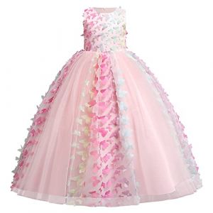 Papillon Robe Fille Enfant Princesse Mariage Appliqu&eacute; 3D Robe Demoiselle d'honneur Soir&eacute;e sans Manches Tutu Tulle Longue Fantasie Anniversaire Carnaval F&ecirc;te Pageant C&eacute;r&eacute;monie Rose 13-14 Ans (IWEMEK, neuf)