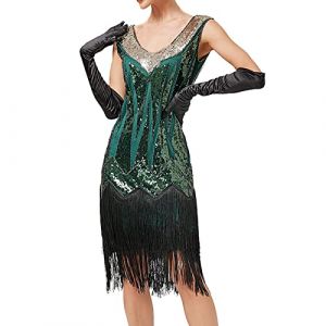 KBOPLEMQ Costume Charleston pour femme - Robe vintage des années 1920 - Gatsby - Paillettes - Ourlet à pompons - Robe de cocktail - Robe de bal - Robe de soirée - Cocktail - Costume de fête, Q vert., (VISNA, neuf)