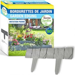 TERRE JARDIN - Bordures de Jardin, Imitation Pierre, Lot de 80 Bordurettes, Longueur Linéaire 20 m - Bordures de Gazon de 25 x 1 x 23 cm avec Pied - Délimiteur de Pelouse (Outillage de Saint Etienne, neuf)
