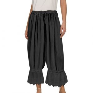 Pantalon bouffant 7/8 pour femme - Couleur unie - Élégant - Avec volants - Léger et aéré - Avec ceinture - Décontracté - Pantalon sarouel ample - Vintage - Pantalon de pyjama décontracté, Noir , L (chengaojian999, neuf)