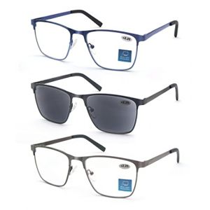 MODFANS 3 Paire de Lunettes de Lecture 3.5 Homme Anti Lumiere Bleue - Monture Rectangle en Metal Acier Inoxydable Lunettes de Vue Lunettes Loupe Noir-Bleu-Gris (MODFANS-US EYEWEAR, neuf)