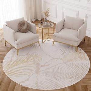 TAPISO Crystal Rond Tapis Poils Courts Moderne Cr&egrave;me Or Beige Blanc Feuilles de Palmier Effet 3D Brillant Doux Tapis Salon Chambre Descente de Lit Oeko-TEX 240 x 240 cm (TAPISO-FR, neuf)