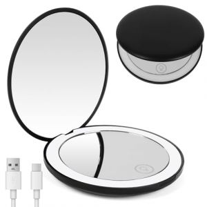 OSDUE Miroir de Maquillage de Voyage &eacute;clair&eacute; par LED - Grossissant 1x / 10x,Double Face LED Miroir de Poche Lumineux, Compact et Portable pour Voyage, Petit Miroir Portable de Maquillage（Noir） (PLUM-MARKETING, neuf)