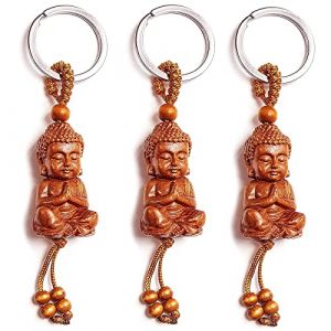 3 Pièces Petit Porte-CléS Bouddha en Bois Pendentif de Sac Bouddha Avec Figure de Bouddhiste Bouddhisme Keychain,Accessoires de Clé de Voiture Bricolage Cadeau Porte-Bonheur (Hnavery, neuf)