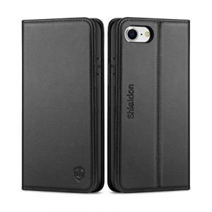 Shieldon Coque pour iPhone SE 2022 5G, Coque pour iPhone SE 2020, Etui Portefeuille Protection Cuir V&eacute;ritable Fermeture Magn&eacute;tique Fonction Stand et Rangements Cartes pour iPhone SE3/SE2/8/7 - Noir (TG-Global FR, neuf)