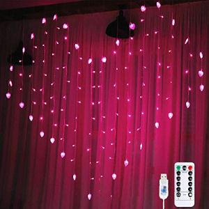 Rideaux Lumineux En Forme de C&oelig;urs, DINOWIN 34 C&oelig;ur 128LED 8 Modes Guirlande Lumineuse &Eacute;toile Pour Ext&eacute;rieur, F&ecirc;te, Mariage, Jardin, Chambre &agrave; Coucher (Rose) (DinowinDirect, neuf)