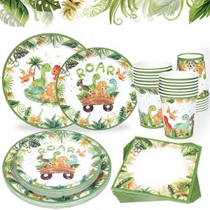 Assiette Jetable Dinosaure - 96pcs Kit Vaisselle Dinosaure Jetable Jungle Safari Thème Anniversaire, Assiettes Tasses Serviettes pour Decoration Anniversaire, Deco Birthday Garcon Enfant, Baby Shower (naiwang-shop, neuf)
