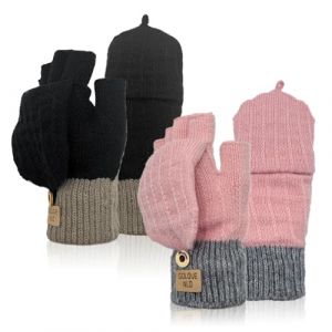 FUIPVGI 2 Paires Gants d'hiver &agrave; &Eacute;cran Tactile, Mitaine avec Couverture Demi-doigts en Tricot Mitaine Convertibles, Gants Chauds avec Couvercle Rabattable, pour Cyclisme Randonn&eacute;e Travail(Noir, Rose) (DONG YI, neuf)
