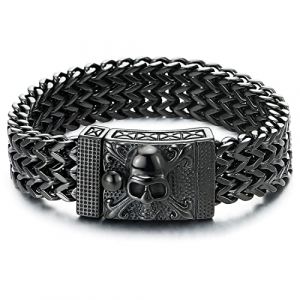COOLSTEELANDBEYOND Homme Grande Noir Acier Inoxydable Lien Franco Cha&icirc;ne Gourmette Bracelet avec Pirate Cr&acirc;ne Fermoir, Gothique Biker (iMECTALII EU, neuf)
