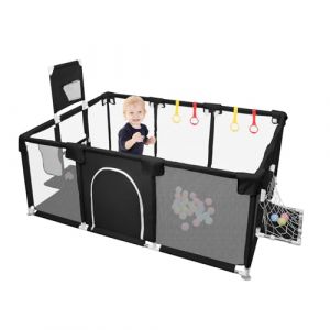 Parc Bébé,Parc Enfants, Grand Parc Bebe,Pour intérieur et extérieur Avec Base Antidérapante,Barriere Parc Bebe,en Tissu Oxford,50 balles,4 ventouses+4 anneaux de traction (noir, 180 * 120 * 66cm) (Willanmd, neuf)