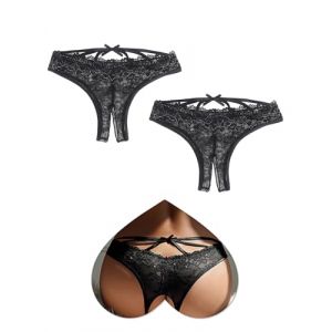 ohmydear String Sexy Ouverte Tanga Femme Sexy Chic Dentelle Slip Grandes Tailles Entrejambe en Coton Transparent Panties Lingerie Tenue Hot sous-Vêtements 2 Pack (OHMYDEAR, neuf)