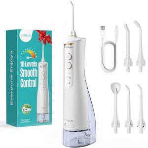 COSLUS Hydropulseur jet Dentaire Portable Dentaire Irrigateur Oral, 300 ML Sans Fil Hydropulseur 10 niveaux de contrôle doux, Rechargeable et Étanche IPX7 Vainqueur du Test, Blanc (Wenilu, neuf)