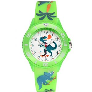 Alienwork Kids Dino T-Rex Montre Pédagogique Apprendre l'Heure Enfants Garçon Fille Vert Bracelet en Silicone Enfants Résistant à l'eau 5 ATM Temps d'apprentissage (?Alienwork, neuf)