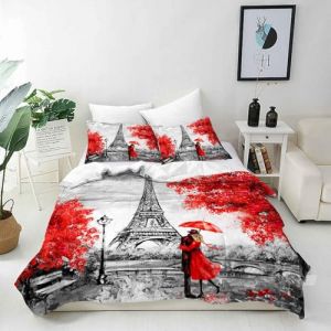 ANHOPE Housse de Couette Peinture &agrave; l'huile Paris Tour Eiffel Parure de Lit avec Fermeture &Eacute;clair 200x200 cm avec 2 Taies d'oreiller 65x65 cm Microfibre Literie Toutes Saisons (ANHOPE HOME, neuf)