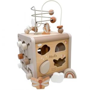 Mainely Personnalisable Cube d&rsquo;activit&eacute;s en Bois (Nougat) &ndash; favorise la motricit&eacute; Fine & l&rsquo;Apprentissage des Formes &ndash; pour Enfants d&egrave;s 12 Mois &ndash; personnalis&eacute; avec pr&eacute;nom &ndash; Label Label (KIDSLINO, neuf)
