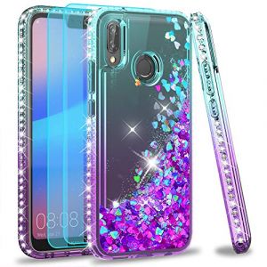 LeYi Coque pour Huawei P20 Lite avec Verre Trempé [Lot de 2], Liquide Paillette Transparente 3D TPU Silicone Antichoc Kawaii Diamant Protection Étui pour Huawei P20 Lite/Nova 3e Turquoise Violet (Hailasi, neuf)