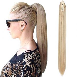 SEGO Postiche Queue de Cheval Pince - Extension Cheveux Queue de Cheval Elastique - Fausse Queue de Cheval Blond - 66 CM Dore Mèche Blond tres Clair (Shiny Collection-88, neuf)