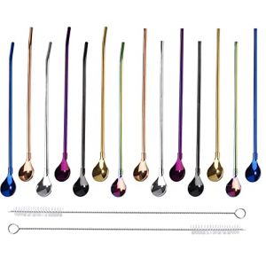 14 Pcs Cuillère Paille Inox Reutilisable 2 en 1, BetterJonny Cuillère à Paille Réutilisable Acier Inoxydable Pailles Cuillère 2 en 1 en Métal avec 2 Brosses de Nettoyage pour Café Smoothies (LC-FR, neuf)