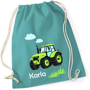 minimutz Sac de gym motif tracteur avec nom personnalisé - Sac en tissu pour garçon - Sac de sport à tirer - 12 l - 37 x 46 cm, [05] Turquoise, 37x46 cm (minimutz, neuf)