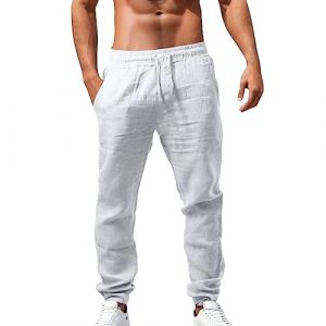 Pantalon Lin Homme Taille Elastique Été Pas Cher Pantalon Coton Lin pour Homme Plage Sport Casual Yoga Toile Pants de Travail Léger Décontracté Coupe Droite avec Cordon de Serrage Poches Blanc (holid-amu, neuf)