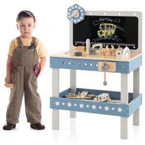 COSTWAY Jouet d'Etabli en Bois pour Enfants avec 5 Outils & 56 Accessoires, Jouet Bricolage Enfants avec Tableau Noir & Etagère Inférieure, Jeu d'imitation pour Garçons et Filles de 3 Ans+ (FDS GmbH, neuf)