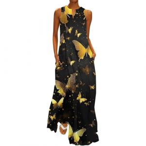 Chanpning Femme Robe Longue Imprimé Floral Maxi Robe BohèMe avec Poches sans Manches Grande Taille Robe Trapeze Femme Robe Longue Fluide Robe D Ete pour Femme Robe Femme Chic Et Elegant (Blingko, neuf)
