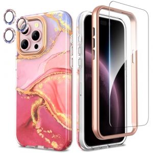 SHEDEER Coque pour iPhone 15 Pro Max,4 en1 Paillette Cam&eacute;ra Protection & Verre Tremp&eacute; &Bumper & Housse &Eacute;tui pour iPhone 15 Pro Marbre, Coque pour iPhone 15 Pro Max avec Paille, Brillant,Antichoc,Rose (Chvelop, neuf)