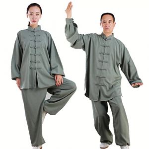 HFCY Tenue de Tai Chi &agrave; Manches Longues Kung-fu Costume Femme Homme V&ecirc;tements D&rsquo;Arts Martiaux Coton et Lin Kung Fu et Wing Chun V&ecirc;tements,Green-L (Verdant Vogue, neuf)
