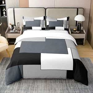 Homemissing Noir Géométrique 100% Coton Housse de Couette 240x260cm Moderne carré Parure de Lit Femmes Noir Gris Blanc Décoration Literie Set Géométrique Ensemble de lit avec 2 taie d'oreiller (Bofanshangmao, neuf)