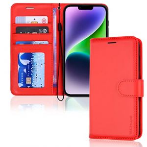 TECHGEAR Etui iPhone iPhone 14 Portefeuille - Housse en Cuir avec Rabat de Protection, Fentes pour Cartes, Béquille et Dragonne, Cuir PU Rouge Compatible avec iPhone 14 6.1" (TECHGEAR Solutions, neuf)