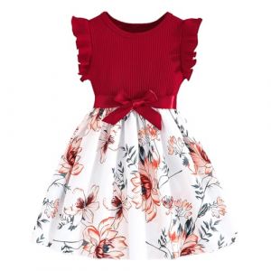 Codkkre Robe Bowknot Fille Robes pour Enfants Papillon Imprimé Floral Robe Princesse Enfant Fleur Rouge pour Mariage Anniversaire FêTe 5 Ans (Codkkre EU, neuf)
