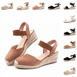 Hitmars Sandales Compensées Femme Été Espadrille Plateforme Talon Bout Fermé Chausson Boucle de Cheville Mode Chic Confortable Espadrilles Kaki 38 EU (Free Mobile OU, neuf)