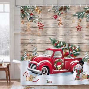 Bonhause Rideau de Douche No&euml;l Camion Rouge Arbre de No&euml;l Bonhomme de Neige Rideau de Bain Tissu Polyester Anti Moisissure Imperm&eacute;able Lavable Salle de Bain 180 x 180 cm avec 12 Crochets (Bonhause EU, neuf)