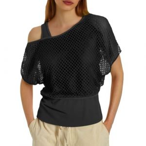 2 pi&egrave;ces Carnaval T-Shirt avec Gilet en Maille Filet pour Femme Mesh Crop Top R&eacute;sille Fluo avec &Eacute;paules D&eacute;nud&eacute;es Tee Annees 80 Costume Deguisement pour R&eacute;tro Disco Costume F&ecirc;te 1 Noir M (anhy-QSD, neuf)