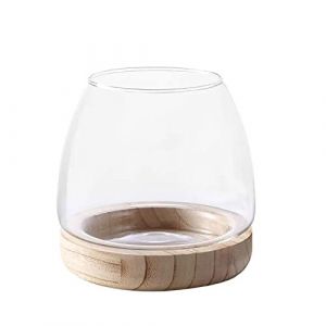 Bocal &agrave; Poisson en Verre avec Base en Bois D&eacute;tachable, Petit Terrarium Vase Hydroponique pour Plantes, Aquarium &eacute;cologique, Vase &agrave; Fleurs en Verre (BOLONIYA, neuf)