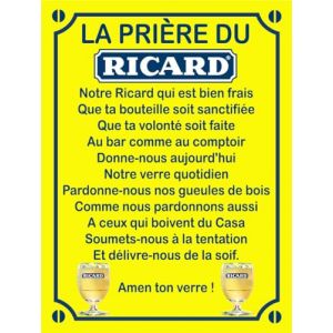 Plaque de rue d&eacute;corative en aluminium humour La pri&egrave;re du Ricard - Id&eacute;e cadeau Humour Sympa Fun (Jaune, 20x30cm) (Jm-D&eacute;co, neuf)