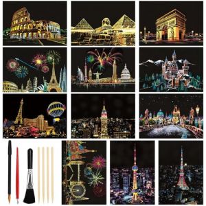 KOUHA Carte a Gratter Papier à Gratter Urbain 12 pcs Scratch Art Feuilles à Gratter Papier Tableau à Gratter et Ensemble de Stylos Monuments de Renommée Mondiale Dessin Gratter Cartes à Gratte (HAIKOCP, neuf)