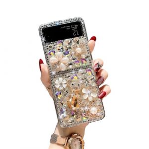 CrazyLemon Samsung Galaxy Z Flip 4 5G Coque &agrave; Paillettes, Sparkling Crystal Brillant Diamant Argent Strass Fleur Ours 3D Pierres Housse pour Galaxy Z Flip 4 5G Coque Femmes Filles (CrazyLemon-EU, neuf)