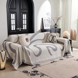 MYSKY HOME Housse de canap&eacute; en chenille - Style boh&egrave;me - Jacquard - 2/3/4 places - Avec pompons d&eacute;coratifs - Moderne - 180 x 300 cm - Courbe grise (Ulanju e-commerce, neuf)
