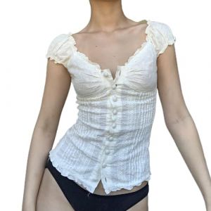 Achlibe Chemises vintage &agrave; manches courtes Y2k pour femme - Manches courtes bouffantes - Col en V - Chemisier d'&eacute;t&eacute; boutonn&eacute; - T-shirts grunge, A - Blanc, S (QUWGEDG, neuf)